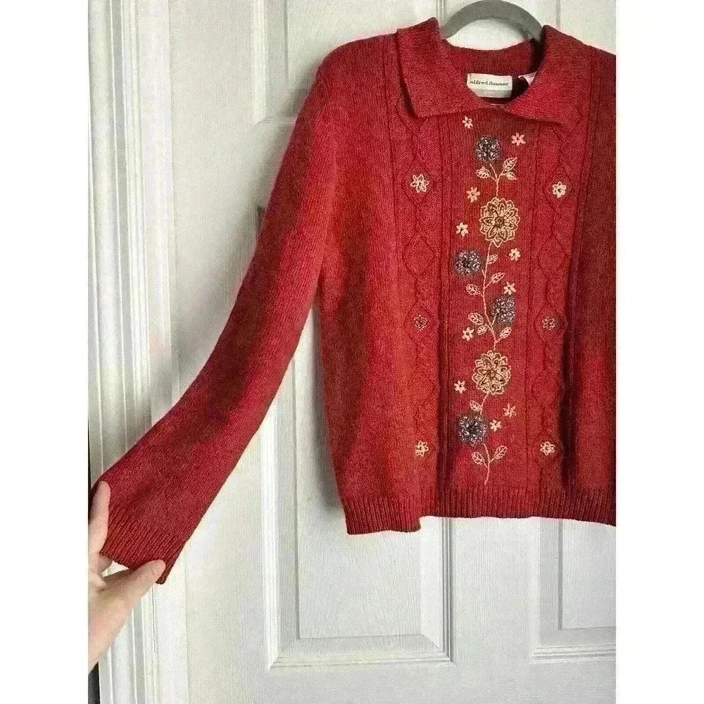 Alfred Dunner Vintage Cable Knit Embroidered Collared Sweater Womens Petite M - Picture 3 of 6
